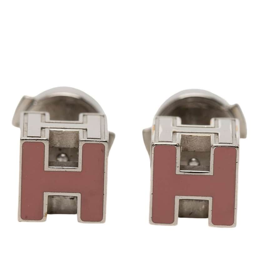 Hermès Palladium Plated Enamel Cage dH Cube Push Back Earrings Pink Metal Very good condition - Front View