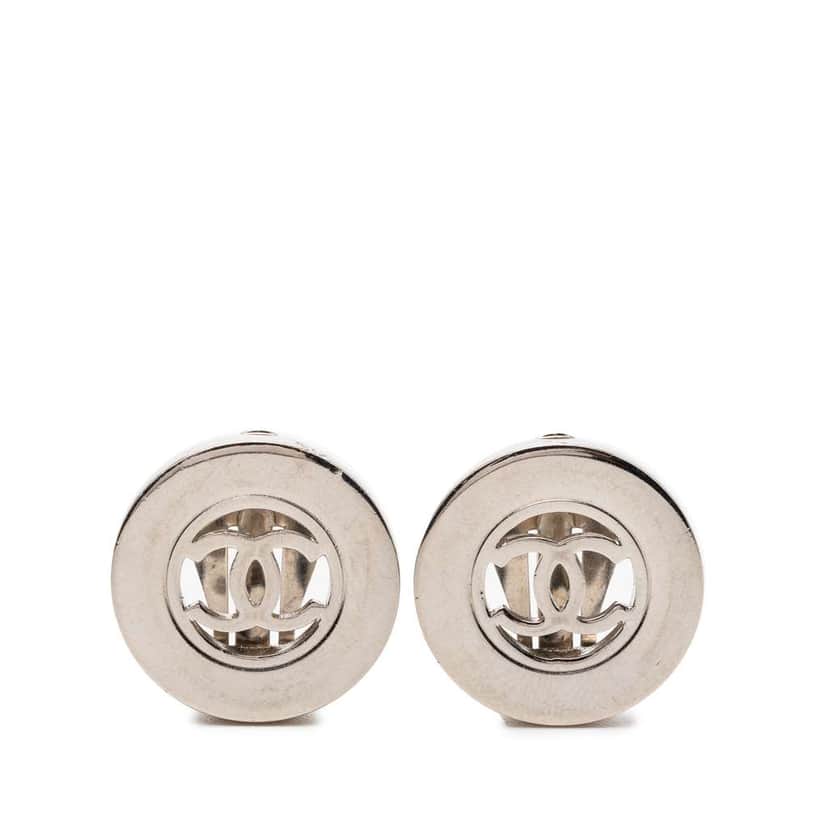 Chanel CC Brass Plated Round Clip On Earrings Silver Brass Very good condition - Front View