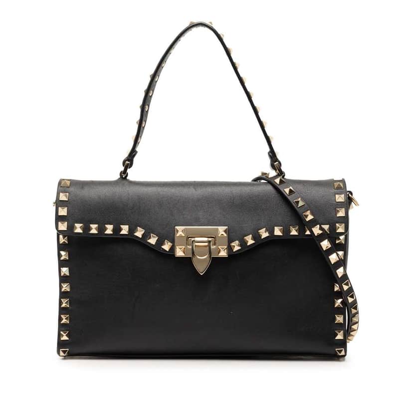 Valentino Small Leather Rockstud Single Handle Flap Black Leather Very good condition - Front View