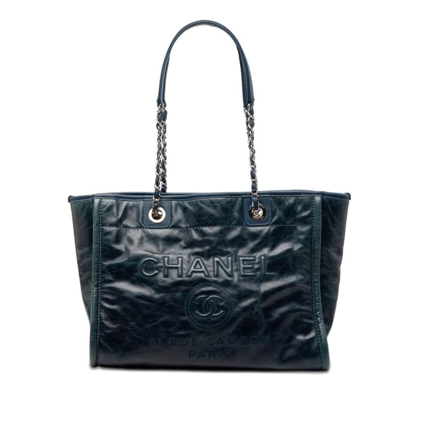 Chanel Small Glazed Calfskin Deauville Tote Blue Leather Very good condition - Front View