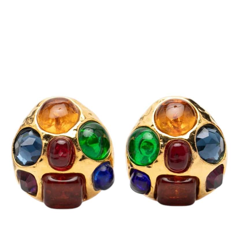 Chanel Gold Plated Multicolor Cabochon Gripoix Clip On Earrings Gold Metal Very good condition - Front View