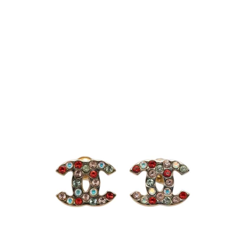 Chanel CC Gold Plated Strass Bullet Back Earrings Gold Metal Very good condition - Front View
