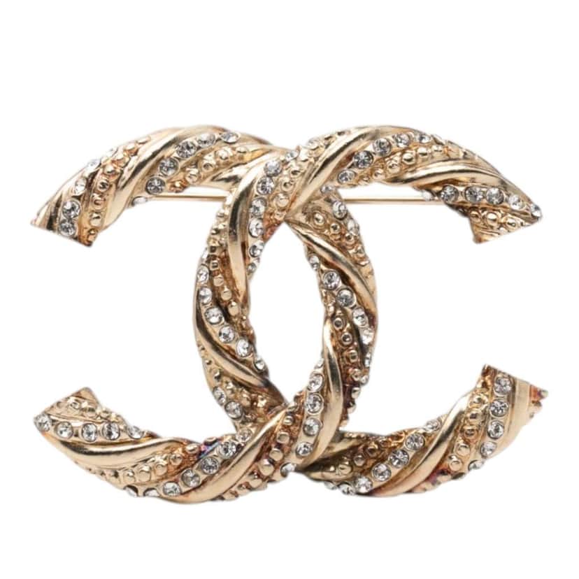 Chanel Gold Plated Twisted CC Crystal Pin Brooch Gold Metal Very good condition - Front View