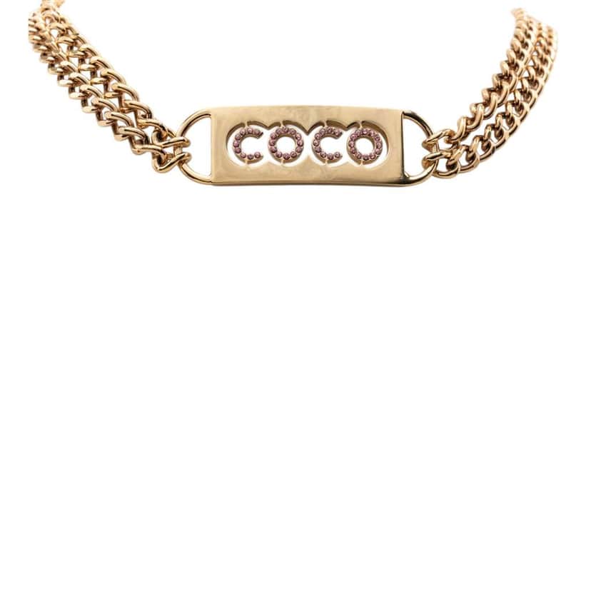 Chanel CC Gold Plated Coco Rhinestones Double Chain Necklace Gold Metal Very good condition - Front View