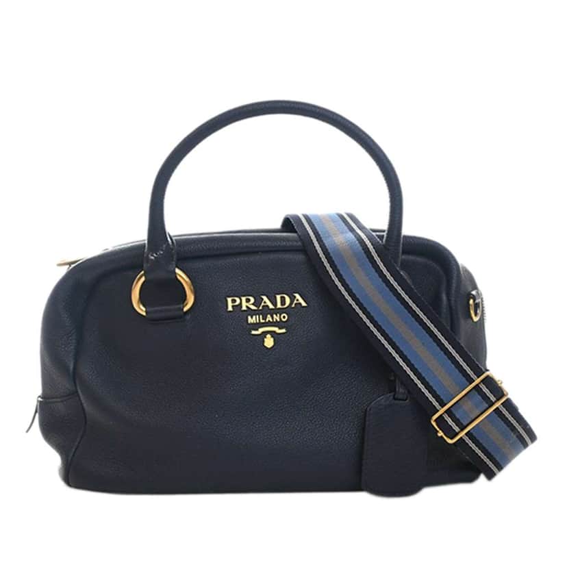 Prada Vitello Phenix Bauletto Satchel Blue Leather Very good condition - Front View