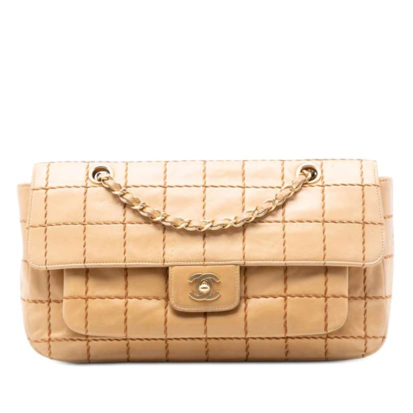 Chanel Chocolate Bar Lambskin Wild Stitch Chain Flap Beige Leather Very good condition - Front View