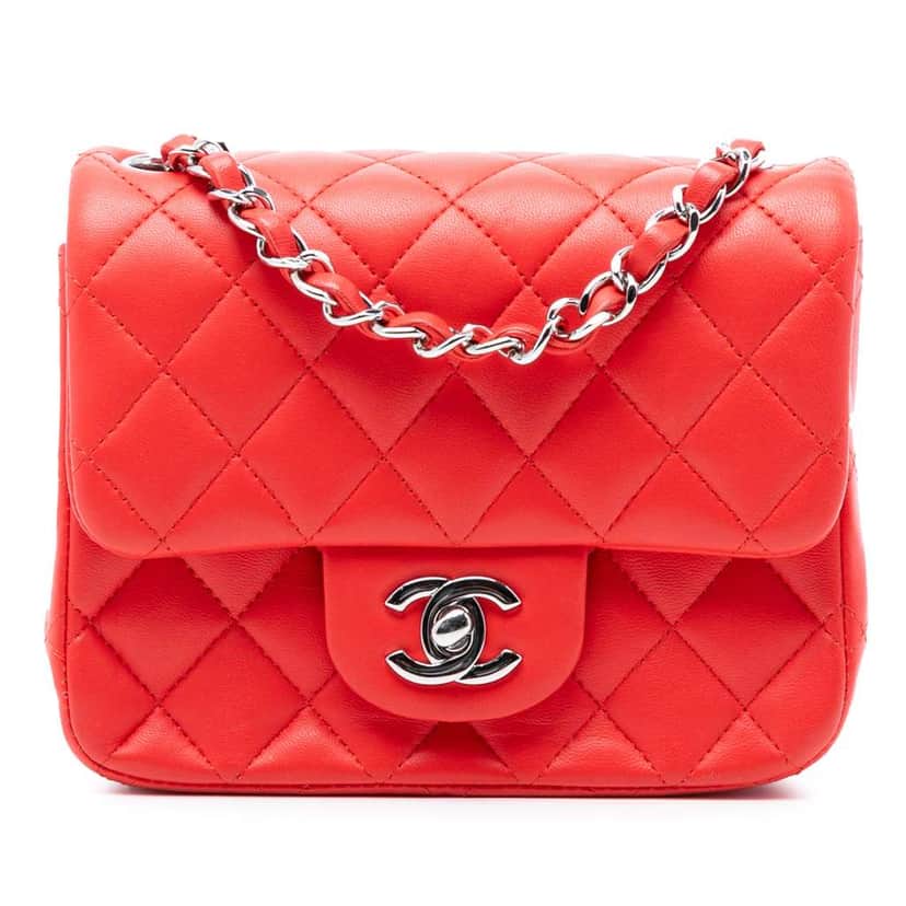 Chanel Mini Square Classic Lambskin Single Flap Red Leather Very good condition - Front View