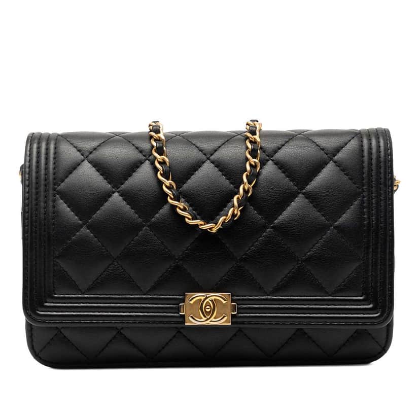 Chanel Quilted Lambskin Boy Wallet On Chain Black Leather Very good condition - Front View