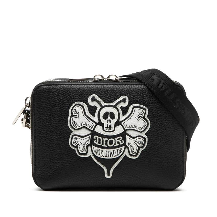 Dior Shawn Stussy Grained Calfskin Double Zip Pouch with Strap Black Leather Very good condition - Front View