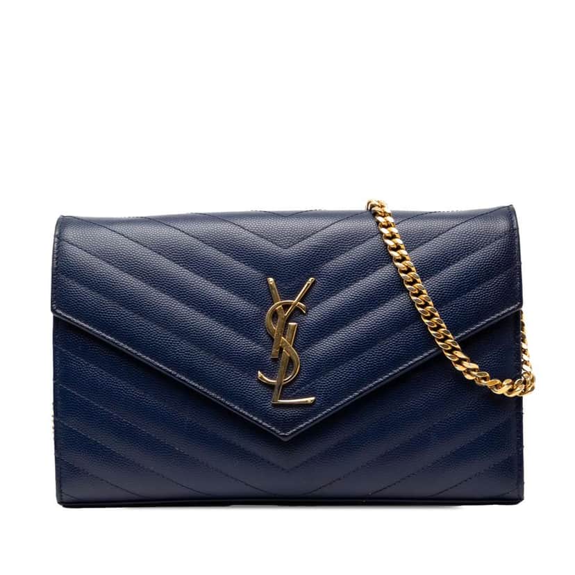 Saint Laurent Grain De Poudre Chevron Monogram Envelope Chain Wallet Blue Leather Very good condition - Front View