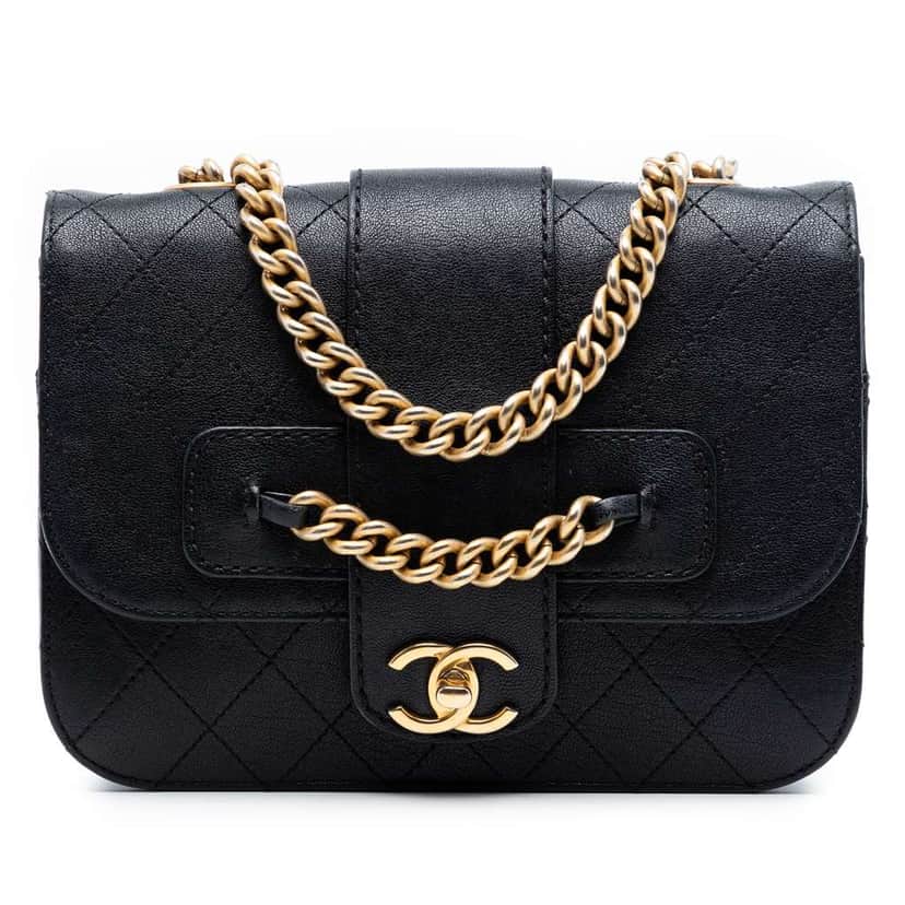 Chanel Large Quilted Sheepskin Front Chain Flap Black Leather Good condition - Front View