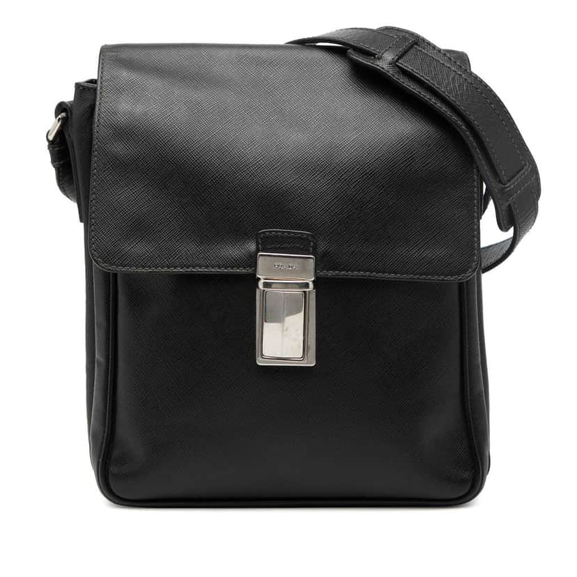 Prada Saffiano Travel Messenger Bag Black Leather Good condition - Front View