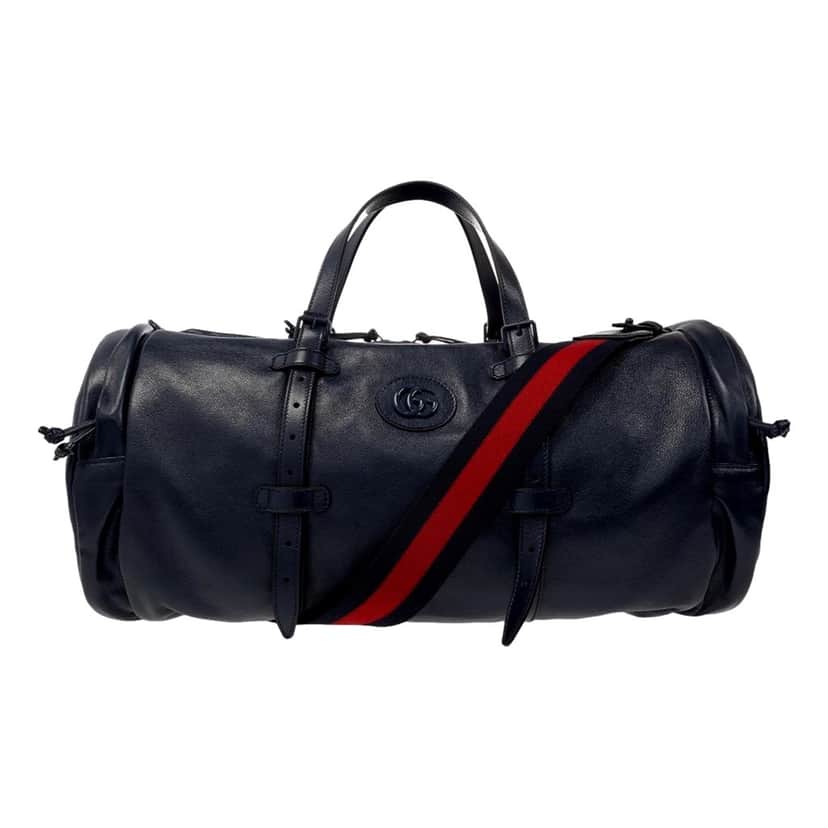 Gucci Gucci GG Logo Deep Blue Buffalo Leather Duffle Tote with Strap Blue Leather Never worn - Front View