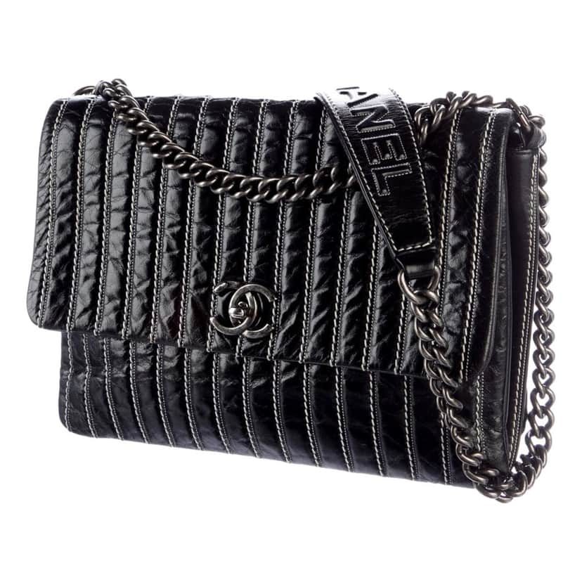 Chanel Chanel White Vertical Stitch Black Flap Bag Black Leather Good condition - Front View
