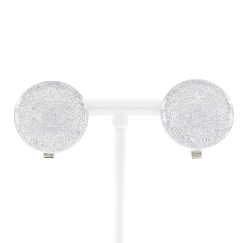 Chanel CC Round Clip-On Earrings Silver Plastic Good condition - Front View
