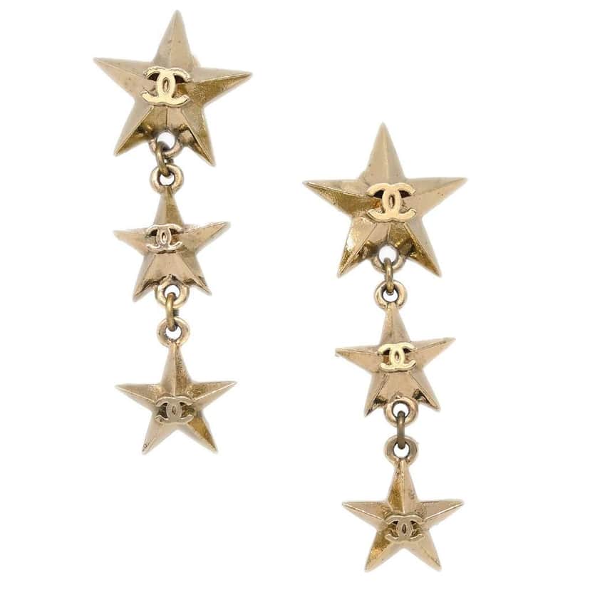Chanel CC Triple Star Drop Earrings Gold Good condition - Front View