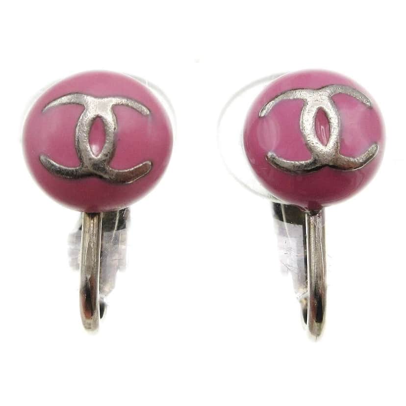 Chanel CC Round Clip-On Earrings Pink Plastic Good condition - Front View