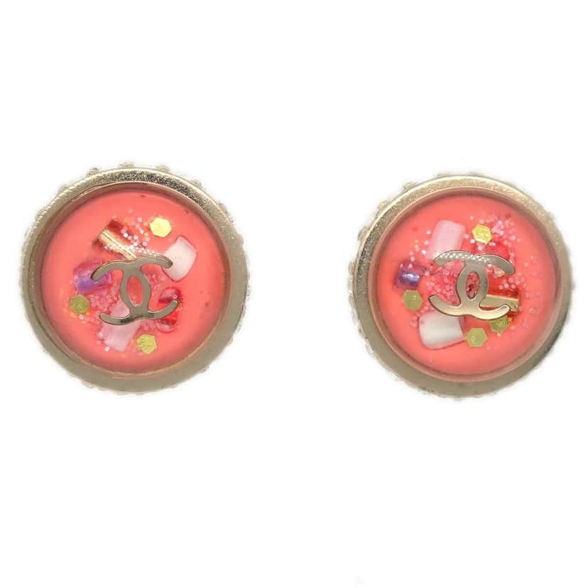 Chanel CC Logo Button Stud Earrings Pink Plastic Good condition - Front View
