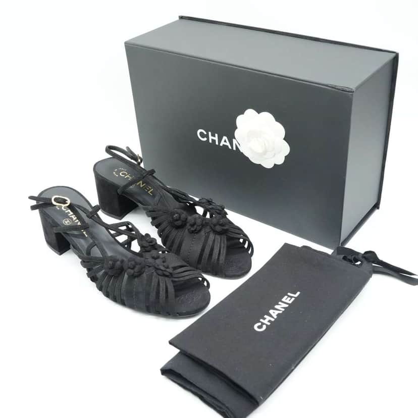 Chanel Black Suede Mule Sandals Camellia Flower Gold Tone Buckle Size 40C Black Suede Fair condition - Front View