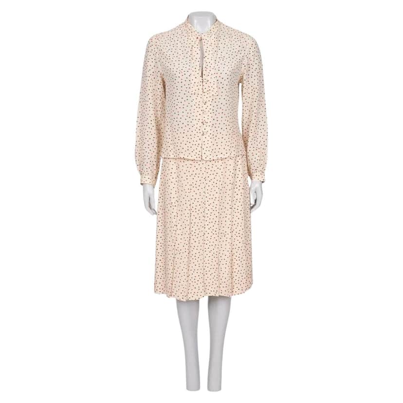 Celine Printed Blouse Skirt Set Beige Silk Very good condition - Front View