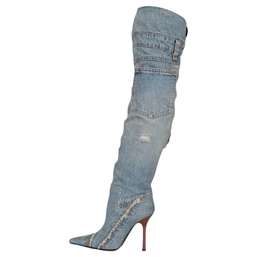 Dolce & Gabbana Pointed Stiletto Boots Blue Leather Very good condition - Front View