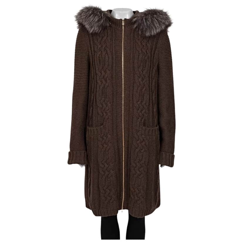 Loro Piana Hooded Trim Cardigan Coat Brown Leather Very good condition - Front View