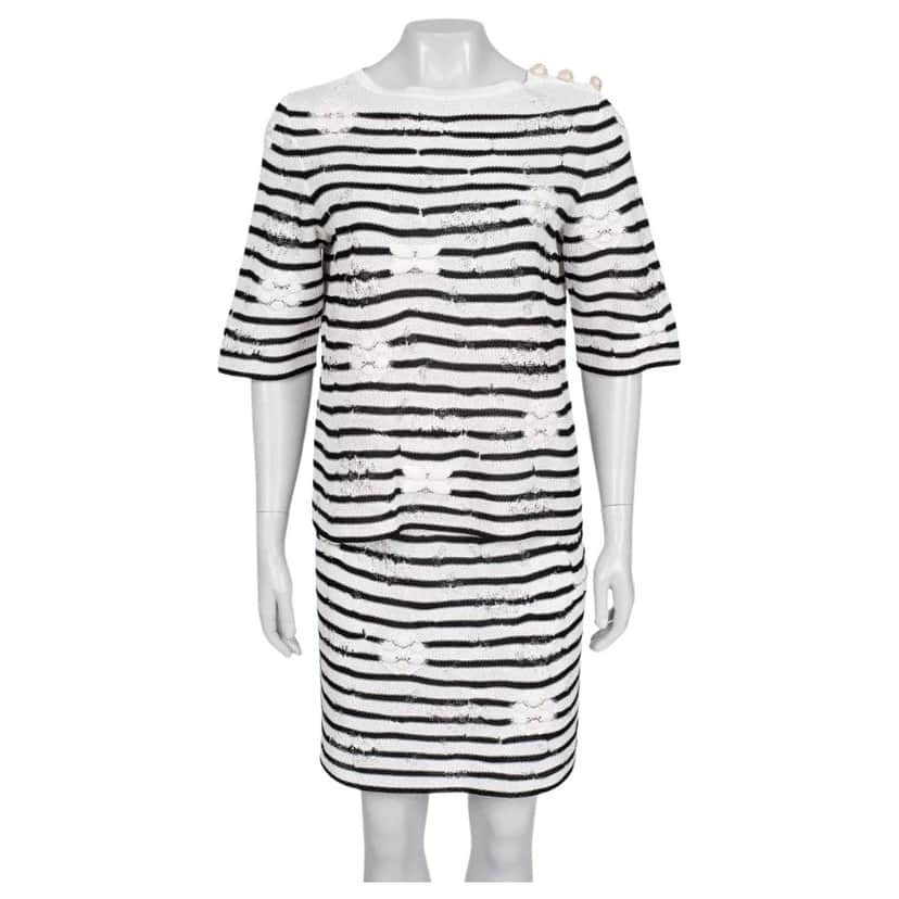 Chanel Striped Embroidered Suit Black Cotton Very good condition - Front View