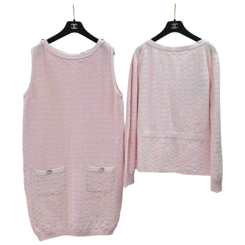 Chanel 2014 Dress Cardigan Suit Set Pink Cotton Very good condition - Front View