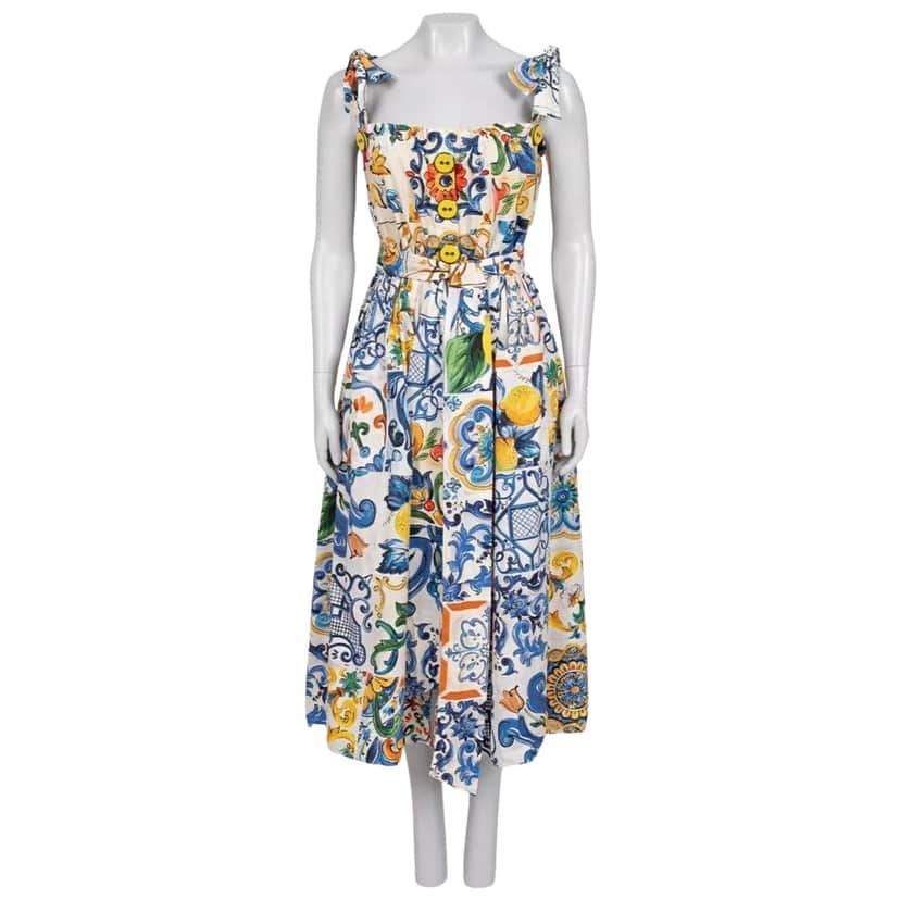 Dolce & Gabbana Majolica Print Sundress White Cotton Very good condition - Front View