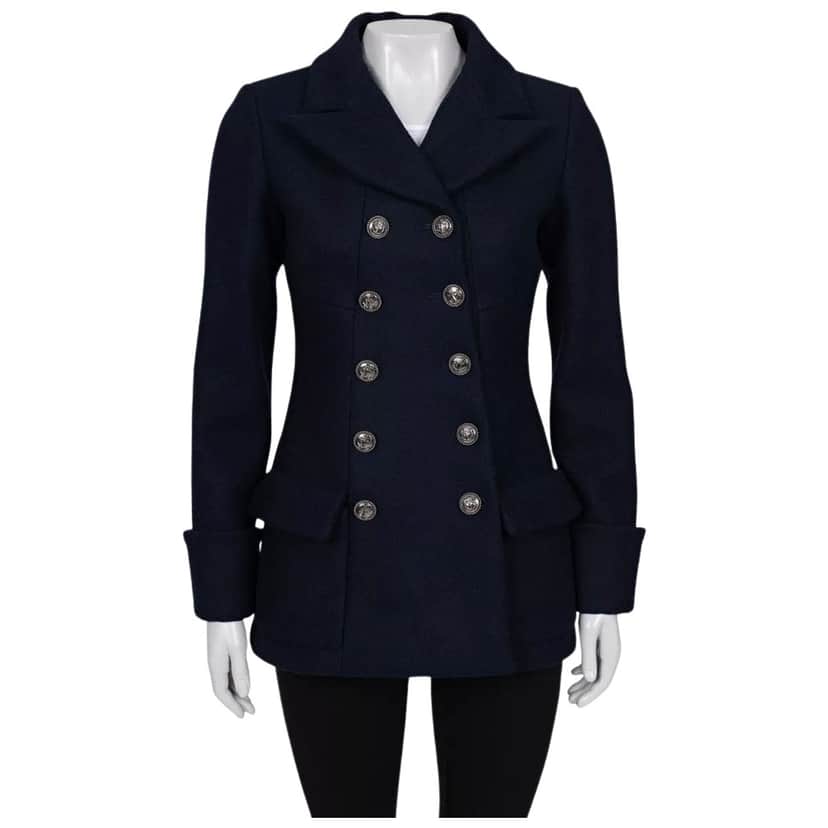 Chanel Double Breasted Coat Blue Silk Very good condition - Front View