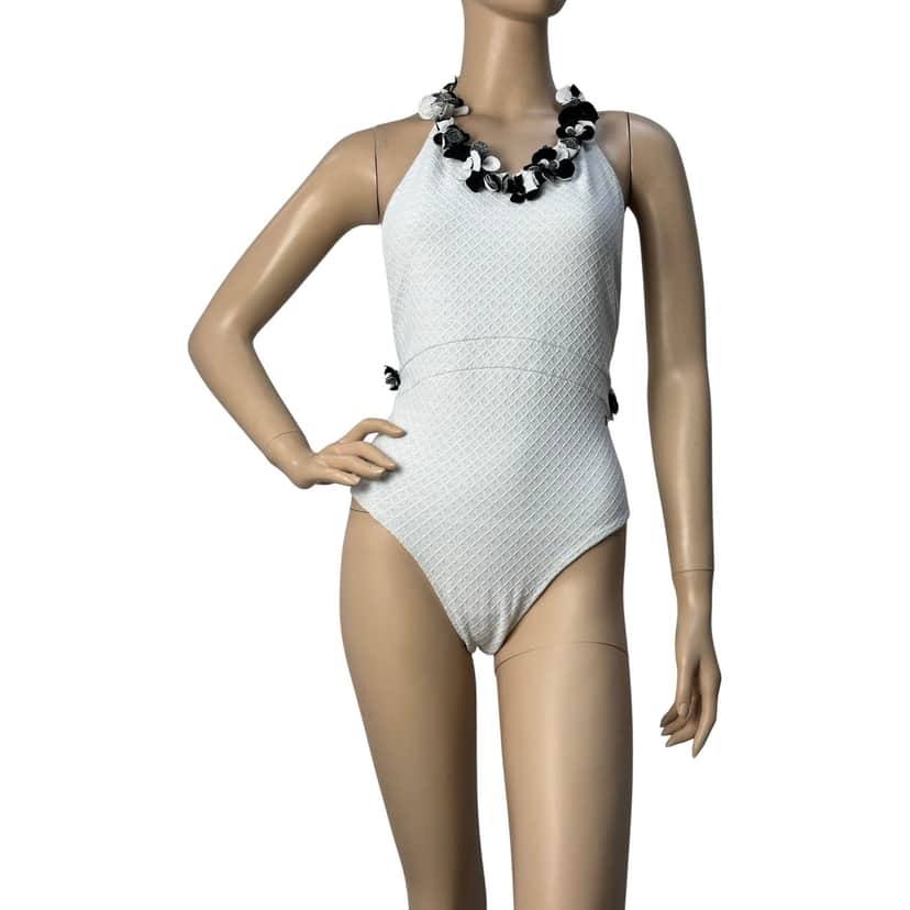 Chanel Neckline Embellishment Swimsuit White Cotton Very good condition - Front View