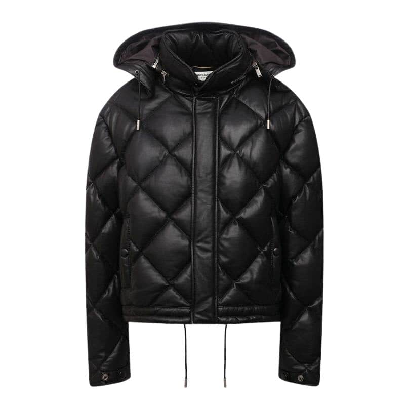 Saint Laurent Hooded Lambskin Down Jacket Black Leather Very good condition - Front View