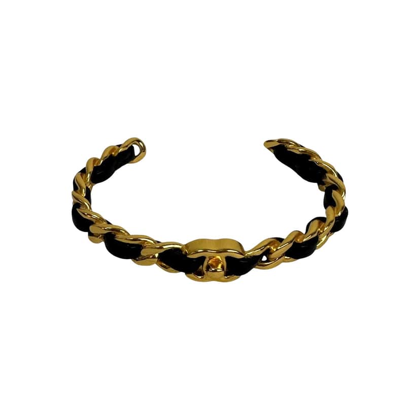 Chanel Chain Detail Bracelet Black Leather Very good condition - Front View
