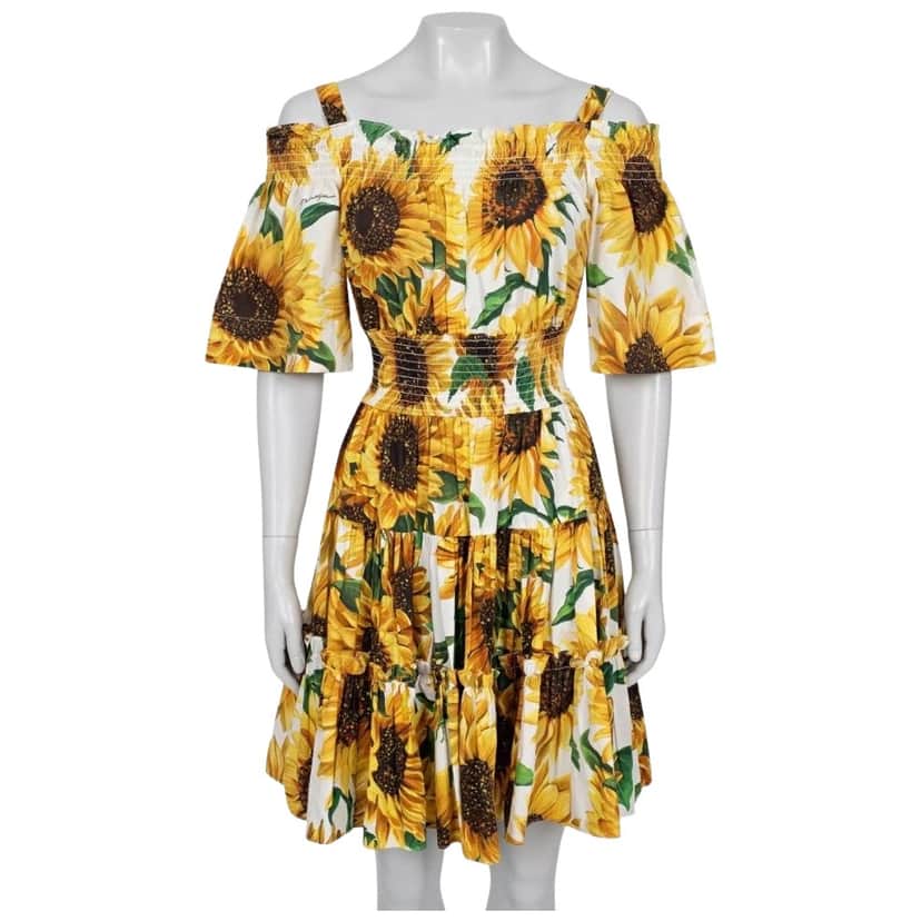 Dolce & Gabbana Off Shoulder Sunflower Print Dress Black Cotton Very good condition - Front View