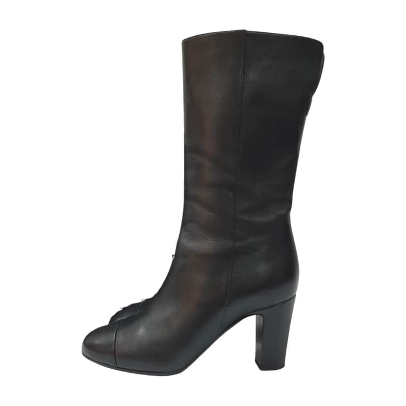 Chanel Lambskin Iconic Style Mid Boots Black Leather Very good condition - Front View