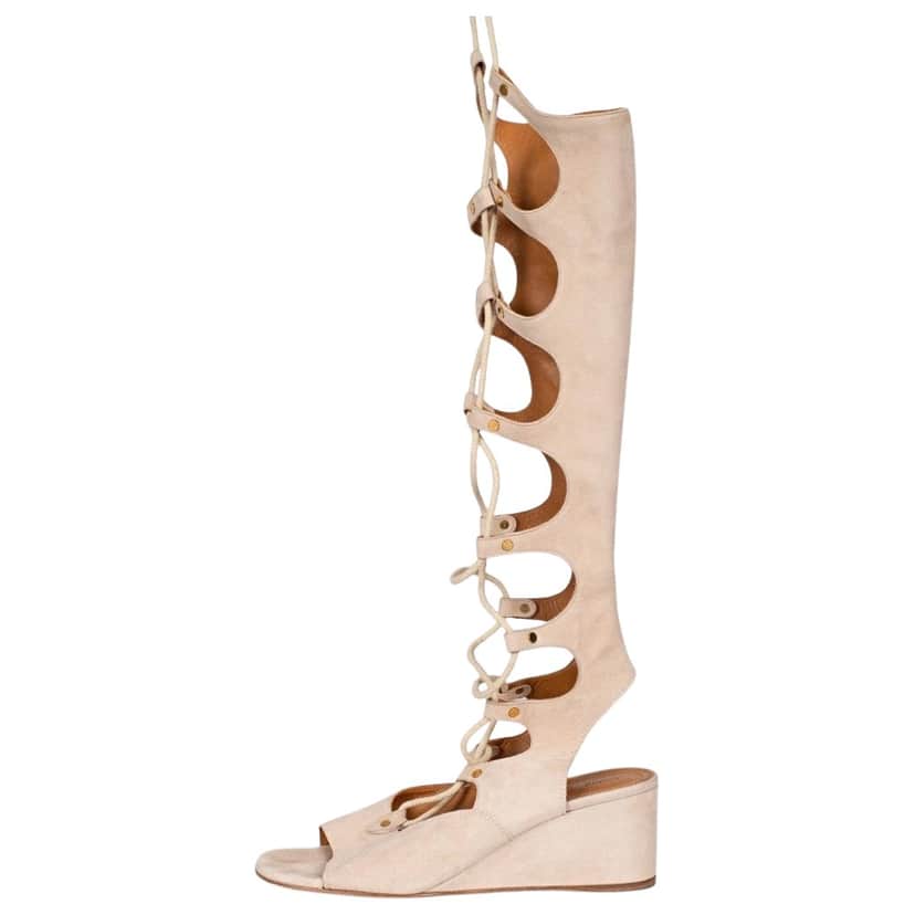 Chloé Chloe Lace Up Wedge Sandals Beige Leather Very good condition - Front View