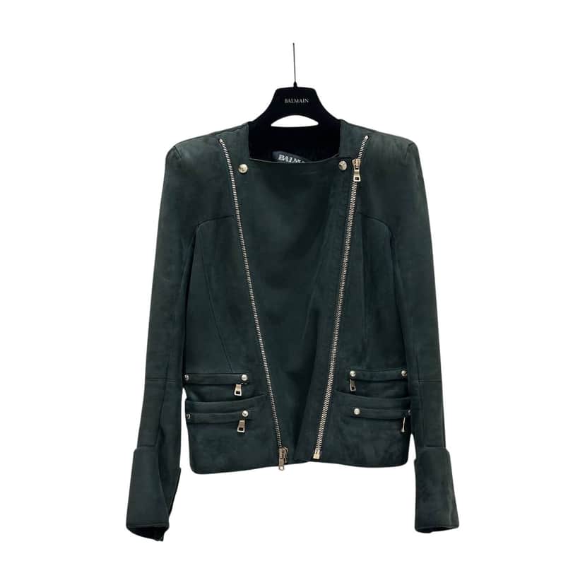 Balmain Biker Jacket Green Shearling Very good condition - Front View