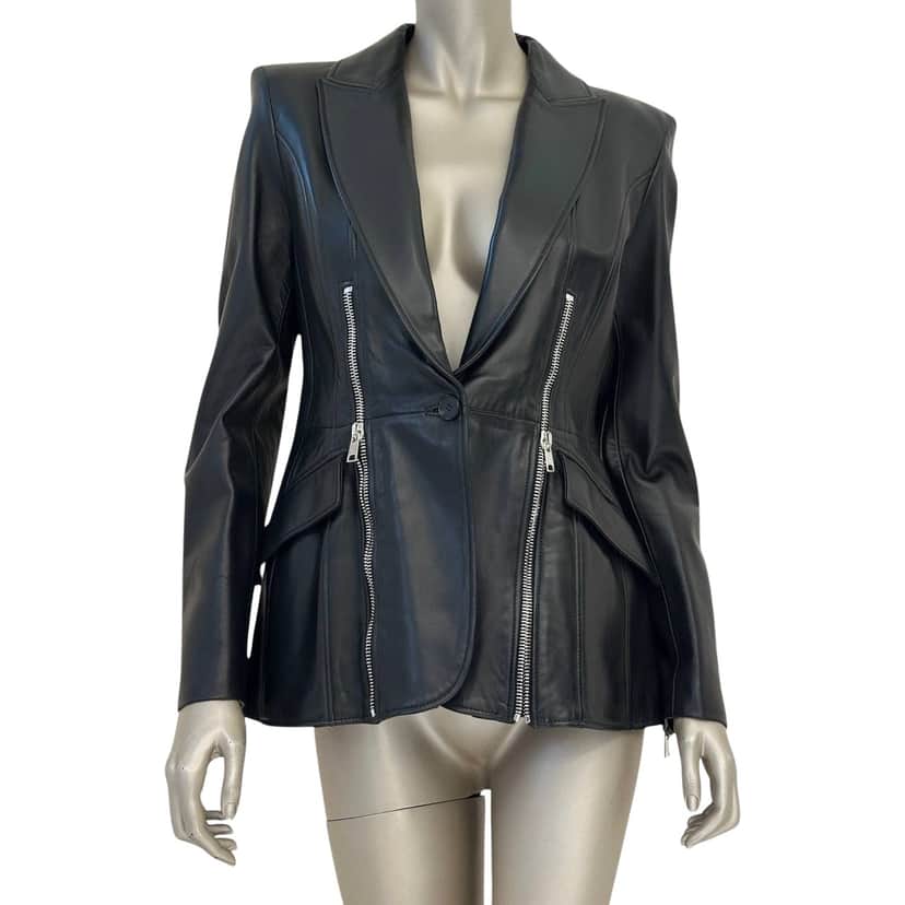 Alexander Mcqueen Lambskin Peplum Jacket Black Leather Very good condition - Front View