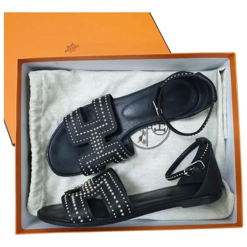Hermès Hermes Santorini Ankle Wrap Sandals Black Leather Very good condition - Front View