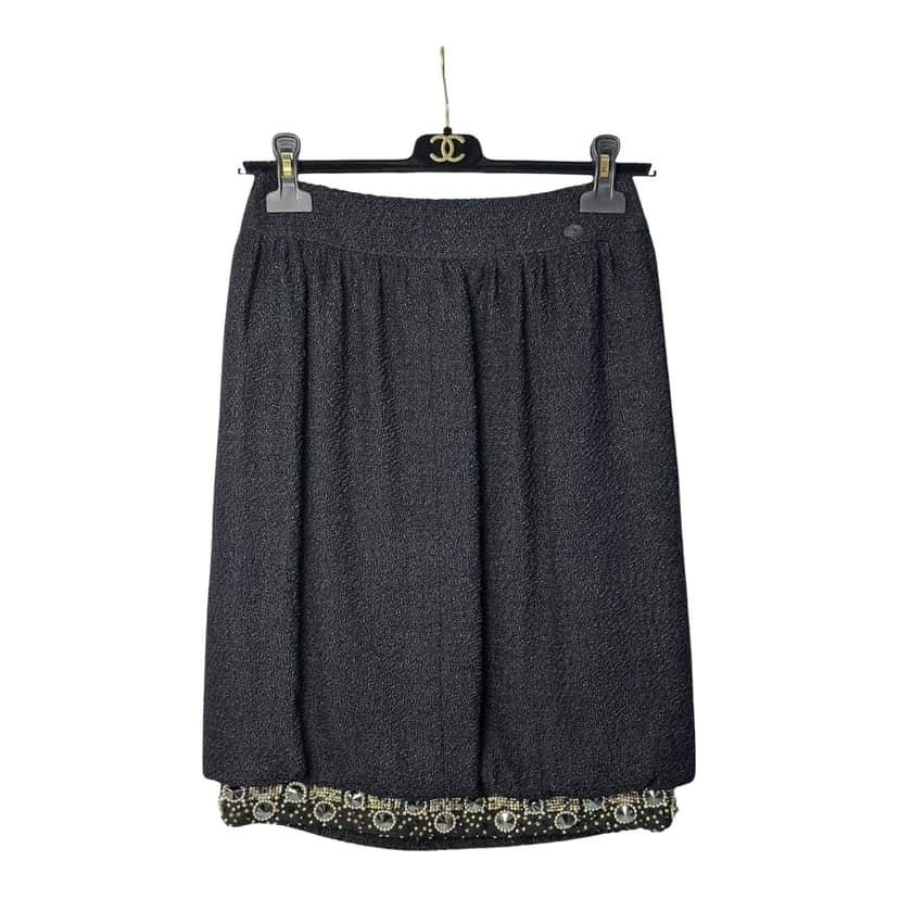 Chanel Embroidery Skirt Black Tweed Very good condition - Front View