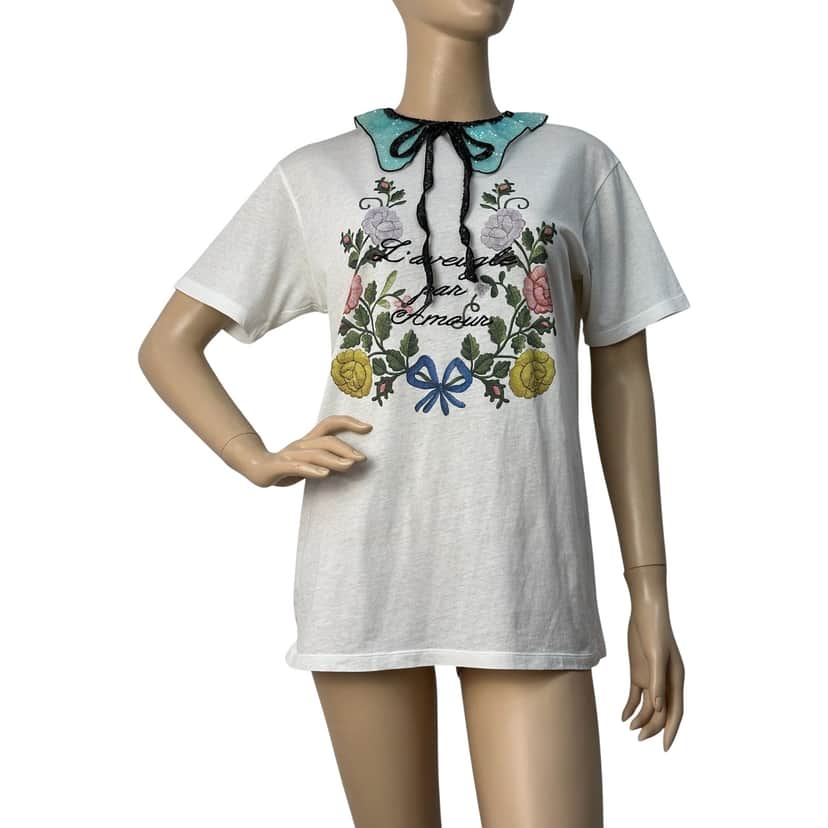 Gucci Embroidery Sequin Collar T shirt Black Cotton Very good condition - Front View