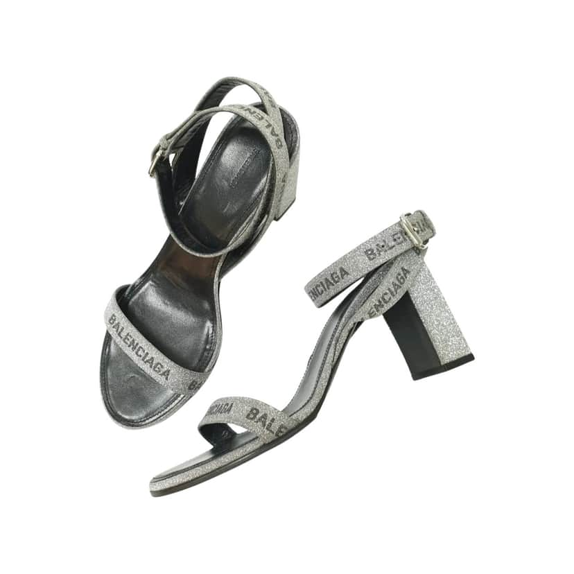 Balenciaga Round Glitter Logo Sandals Black Leather Good condition - Front View