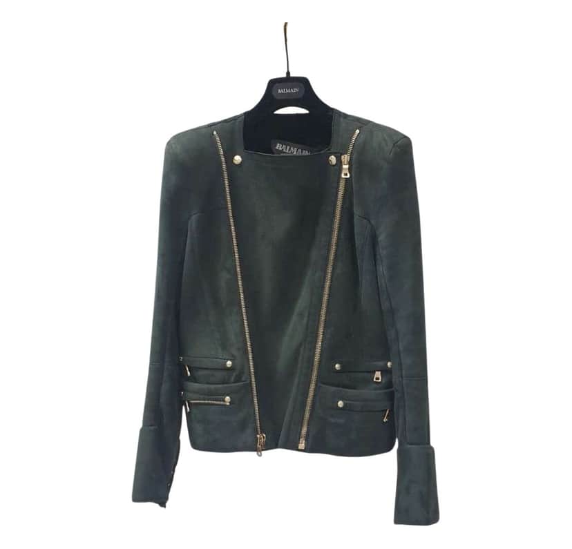 Balmain Biker Style Jacket Jacket Green Shearling Very good condition - Front View