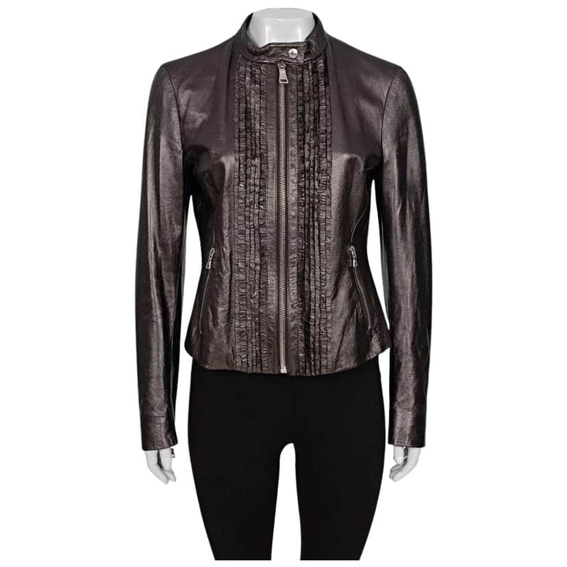 Prada Ruffle Jacket Brown Leather Very good condition - Front View