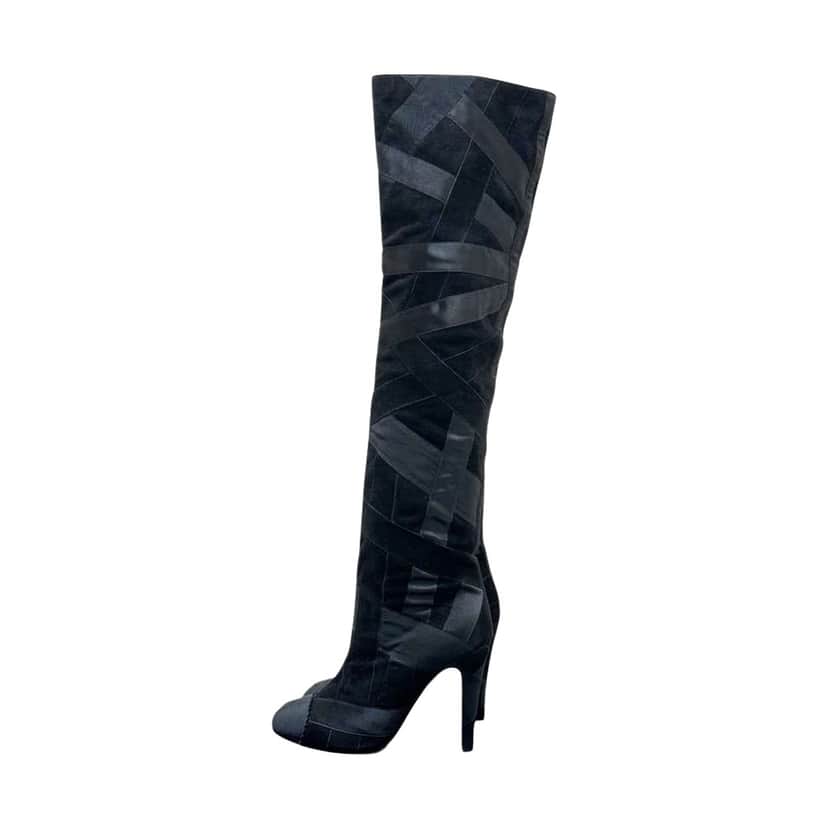 Chanel Ribbon Patchwork Over Knee Boots Black Suede Very good condition - Front View