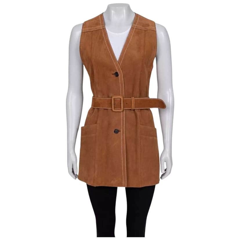 Prada Lambskin Long Vest with Belt Red Leather Very good condition - Front View