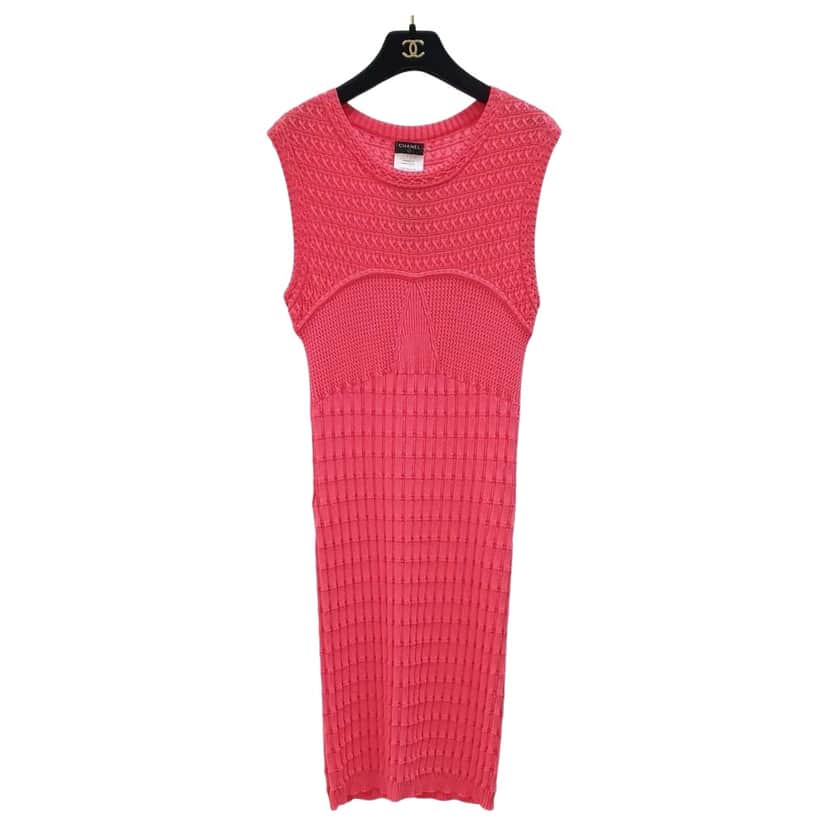 Chanel Textured Knit Dress Red Cotton Very good condition - Front View