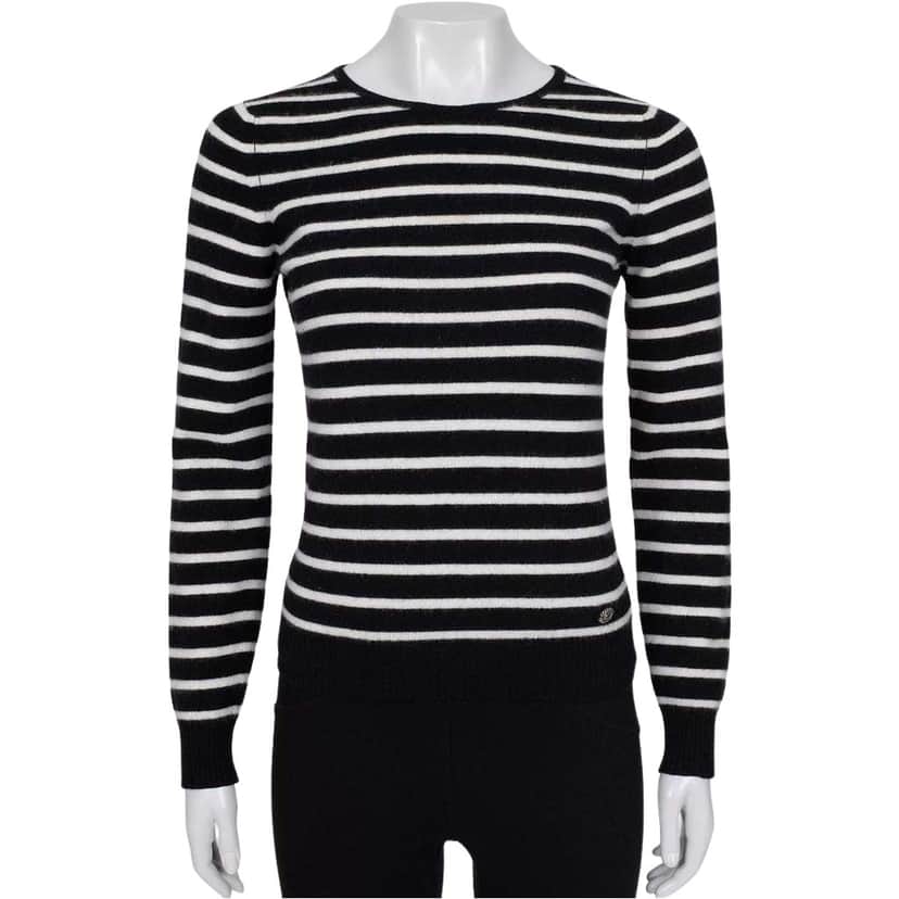 Chanel Striped Short Pile Knit Sweater Black Cotton Very good condition - Front View