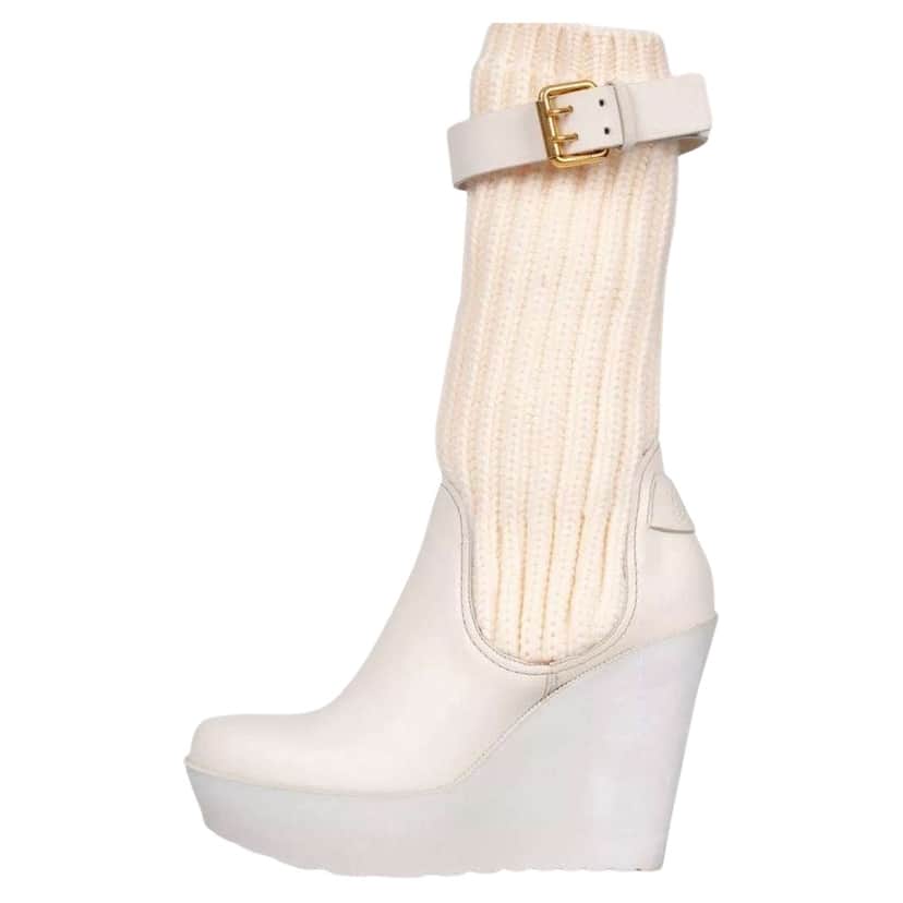 Gucci Fabric Buckle Wedge Sock Boots Beige Leather Very good condition - Front View