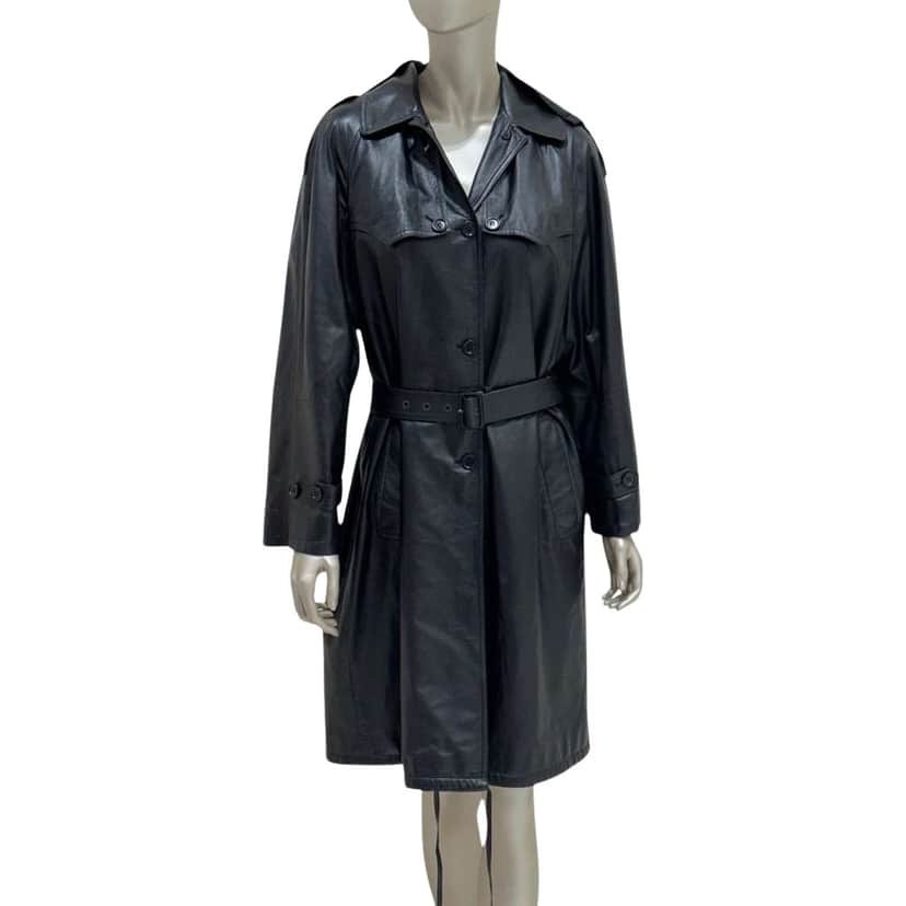 Prada Trench Coat with Detachable Hood Black Leather Very good condition - Front View